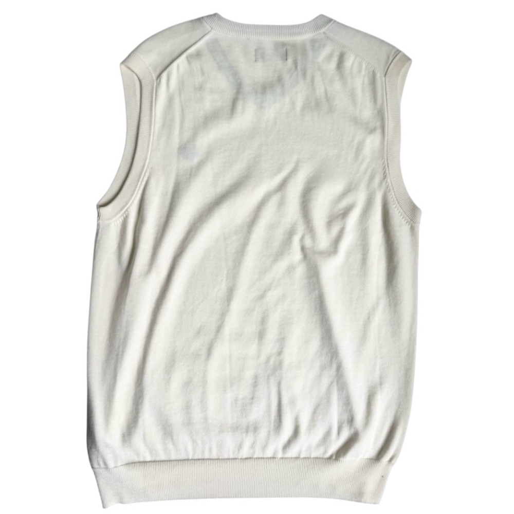 Chaps Men’s Medium Ivory Cream Sweater Vest 100% Cotton Navy Logo Preppy - Picture 3 of 7
